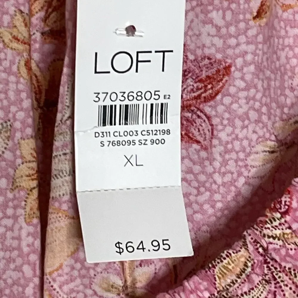 NWT LOFT Lily Blouse Top XL Gathered Waist Puff Sleeve Pink Floral Romantic $70